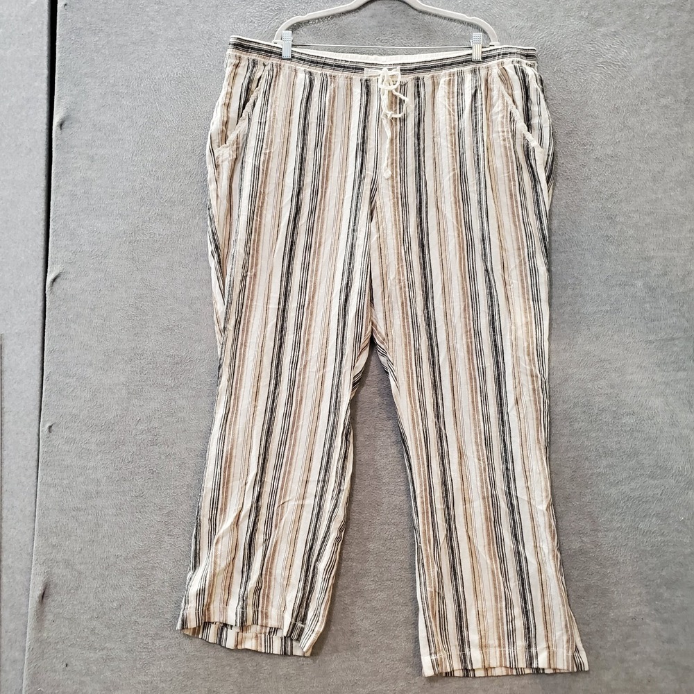 Maurices Women Pants 8 Brown Striped Linen Blend High Rise Pockets Drawstring